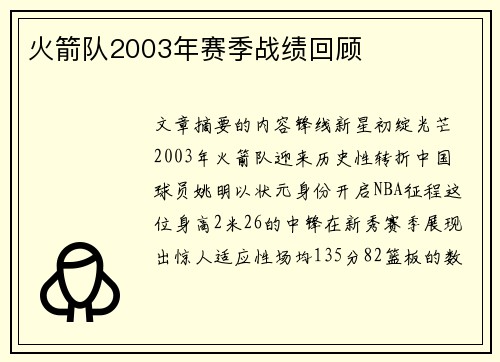 火箭队2003年赛季战绩回顾